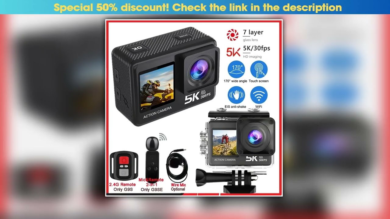 Action Camera 5K 4K60FPS 50MP 20 Touch EIS PreRecord Wireless Mic WiFi 170D DVR Webcam Waterproof