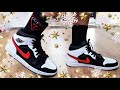 jordan 1 mid black chile red white on feet