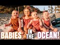 Toddler Babysits TRIPLETS on the Beach | Triplets Touch Ocean for FIRST TIME