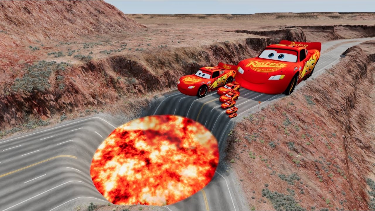 Lightning McQueen Cars vs Giant Lava Pit! | Epic Jump Challenge  - BeamNG.drive