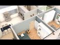 Planta 3D com três quartos, sala cozinha e dois banheiros