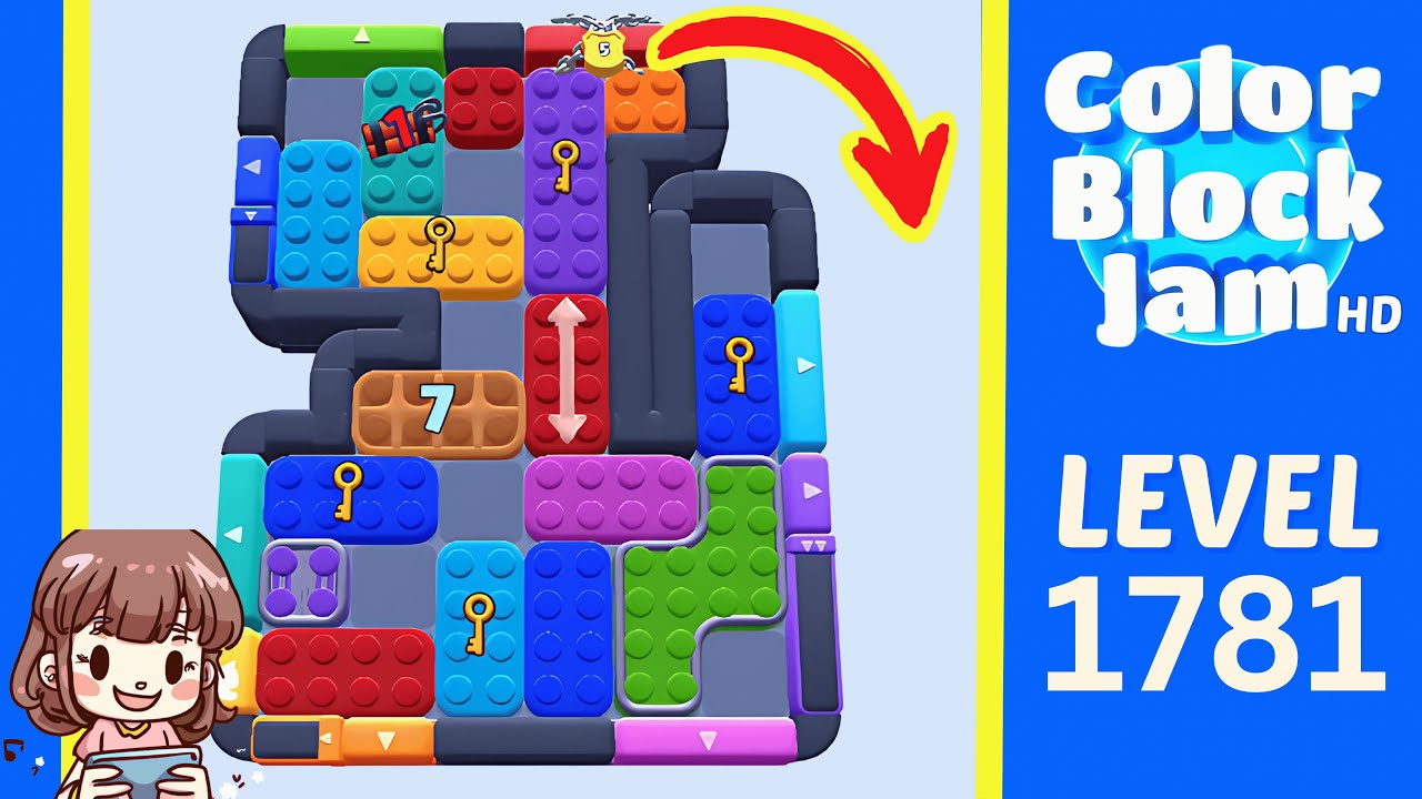 Color Block Jam Level 1781 Level 1781 board with a 2:10 timer, a wooden 7 blocker, key-locked pieces, and a chained top-red lock opening frame