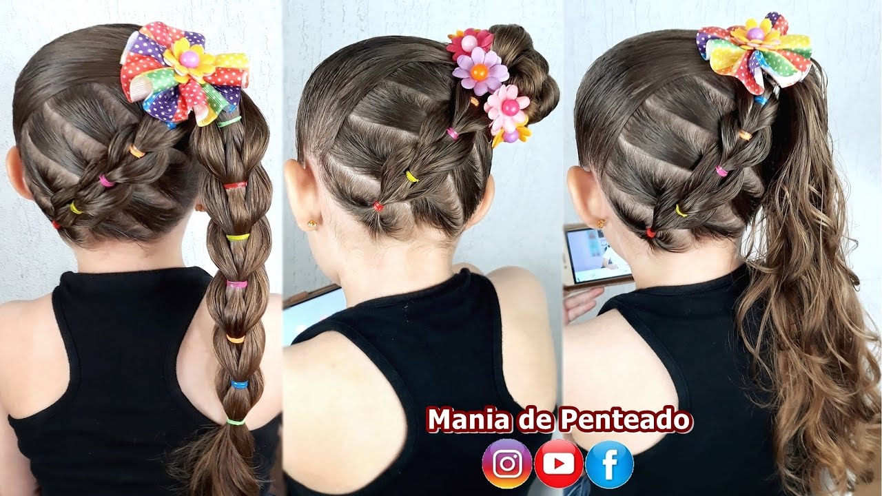 Penteado Infantil Fácil com Trança Falsa e Ligas  Easy Hairstyle with  Braids and Elastics for Girls 