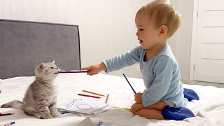 Cutest Moment! Tiny Cat Loves To Play With Baby Boy!