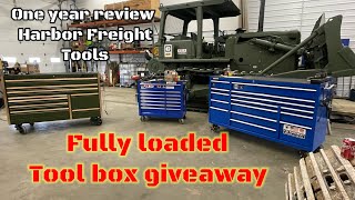 1 year review of Harbor Freight tools and how you can win them! Complete shop tool tour!