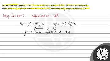 Two particles having position vectors \( \overrightarrow{r_{1}}=(3 \hat{i}+5 \hat{j}) \) metres ...