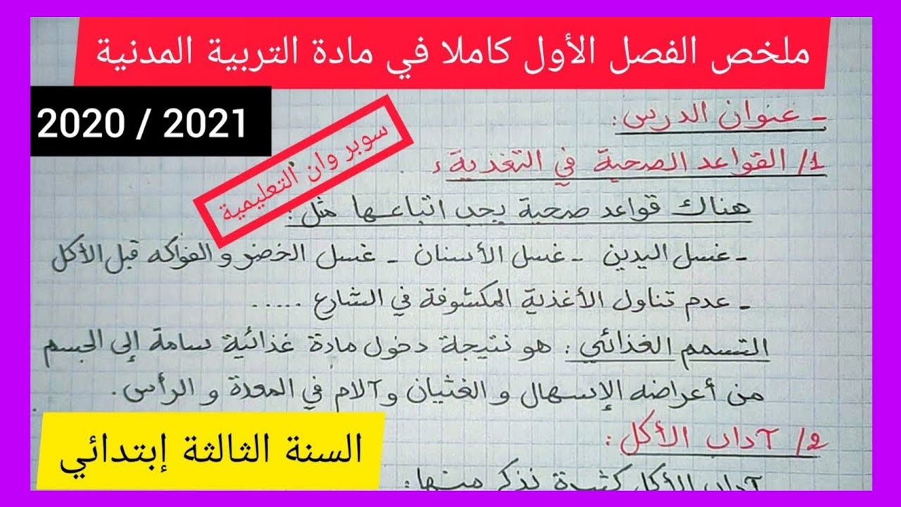 ملخص الفصل الأول كاملا في مادة التربية المدنية للسنة الثالثة إبتدائي 2020 / 2021
