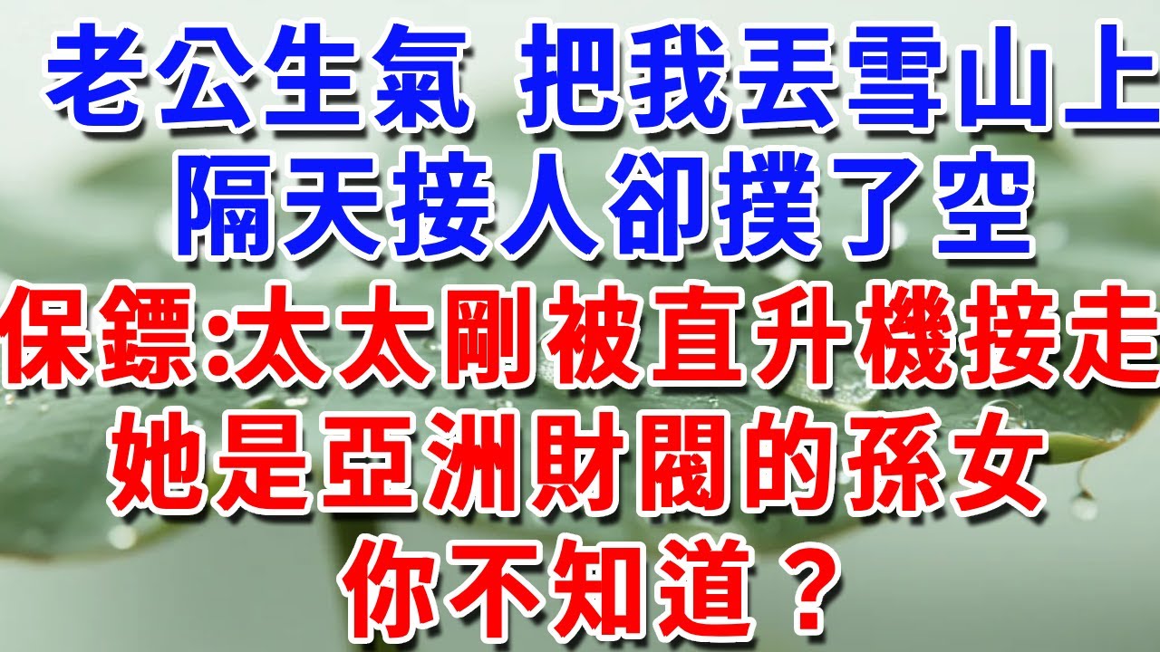 老公生氣 把我丟雪山上，隔天回頭接人卻撲了空，保鏢：太太剛被直升機隊迎走，她好像是亞洲財閥的孫女你不知道？#一帆說故事 #為人處世 #生活經驗 #情感 #故事 #彩礼#深夜淺讀