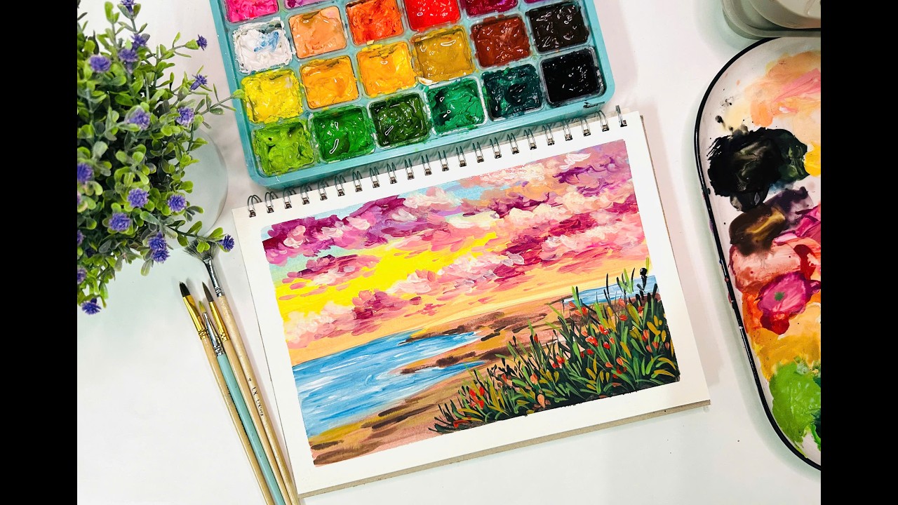 Chillout Art/Gouache painting /How to paint Landscape painting with gouache for beginners P26