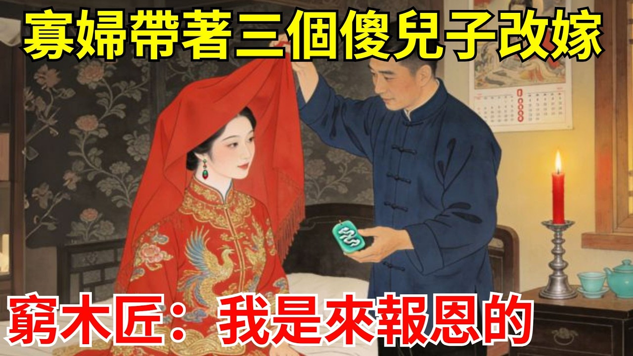 寡婦帶著三個傻兒子改嫁，媒婆說誰娶誰倒楣！只有窮木匠點頭。成親那晚，他掏出半塊玉佩：我是來報恩的！  #故事頻道#聽書#民間故事#說書#善有善報#爽文
