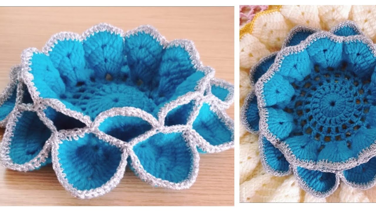#كروشيه مفرش دائري /كوستر /بونبونيرة للسكاكر/ شكل زهرة اللوتس crochet Coaster/Bonbonera/