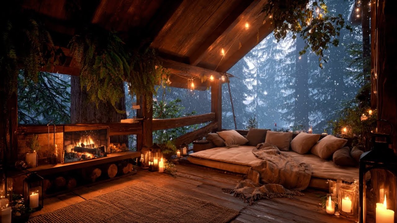 Warm Fireplace Cabin Jazz in Snowy Pine Forest 🎷 Instrumental Vibes 4