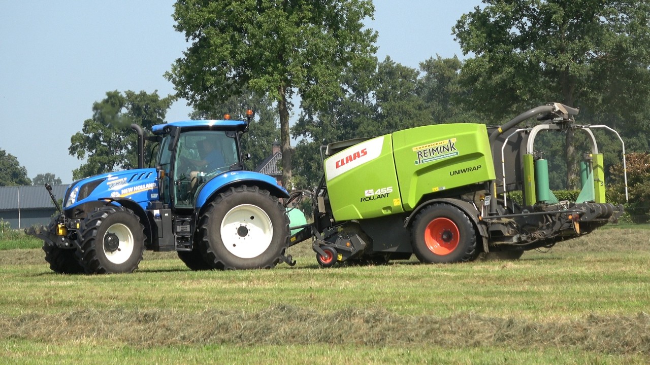 Grote ronde hooibalen persen met New Holland T6.180 + Claas Rollant 455 - Loonbedrijf Reimink (2025)
