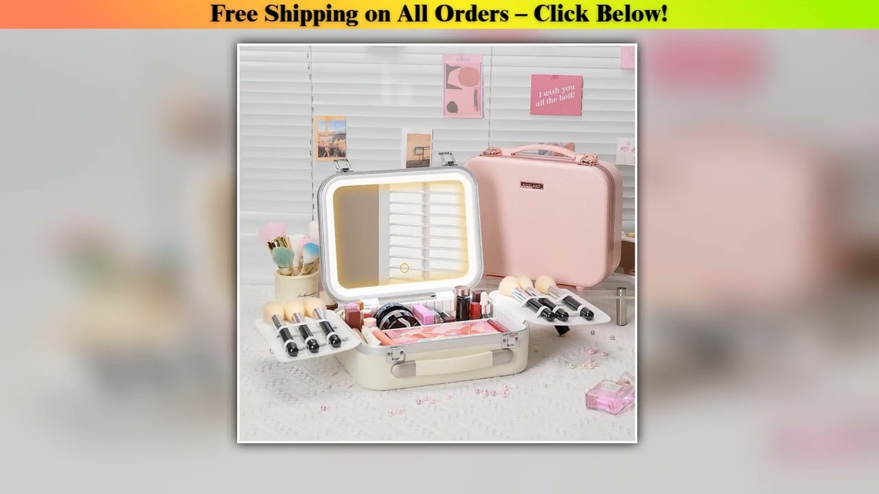 Portable Makeup Organizer Box with LED Light & Mirror  Travel-Friendly Cosmetic Train Case for