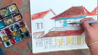 On-site sketching and watercolor of shophouse with perspective and lighting #travellerslog