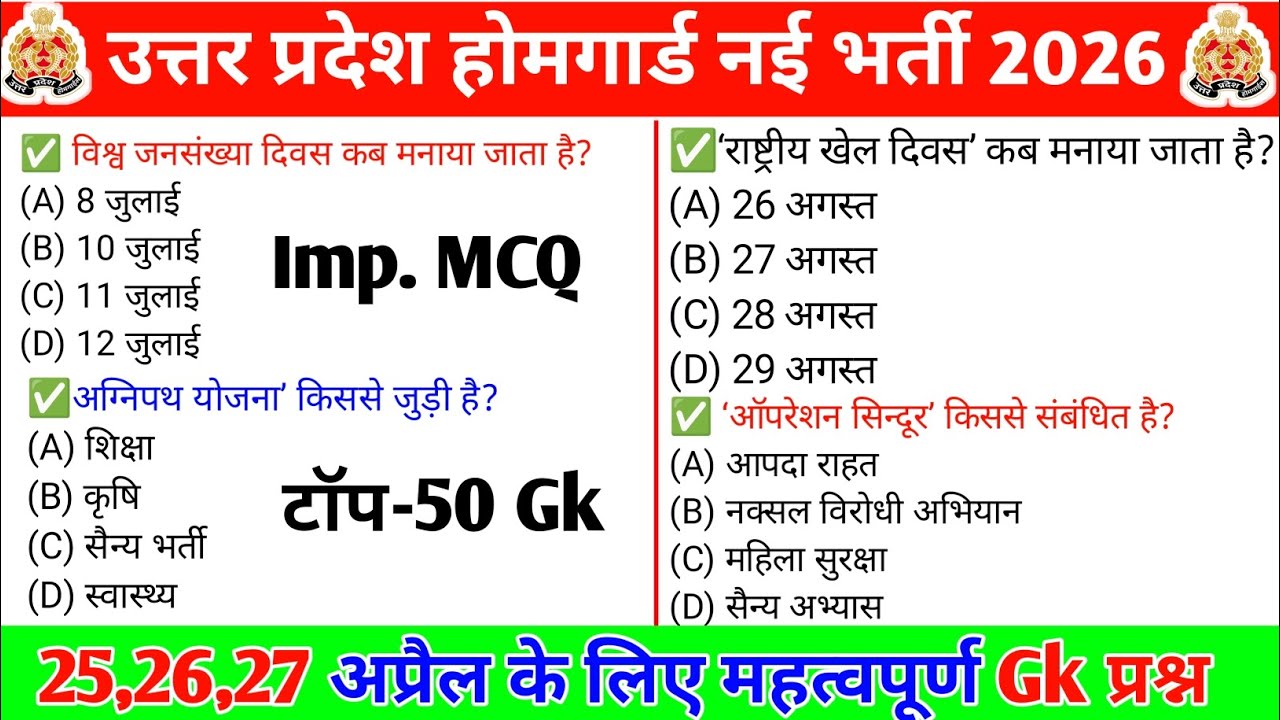 उत्तर प्रदेश होमगार्ड Gk महत्वपूर्ण प्रश्न 2026 | Up home guard gk gs class 2025 | Home guard gk