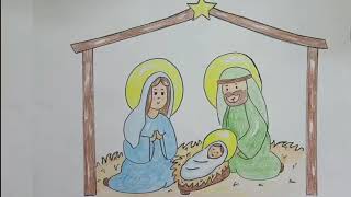 طريقة رسم طفل المغارة وبجانبيه مريم العذراء والقديس يوسف
