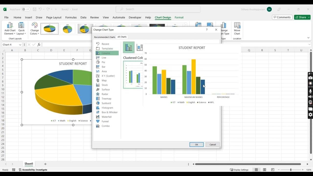 Change excel data into a pie chart and column chart - YouTube