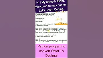 python program to convert octal to decimal #shorts #bintuharwani #octaltodecimal #pythontutorial