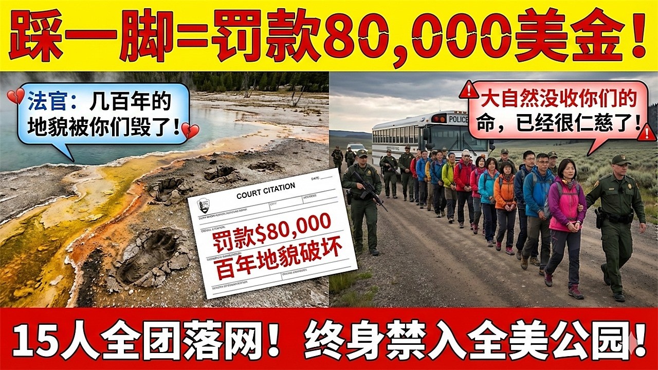踩一脚重罚8万！15名华人破坏黄石百年地貌，硬闯93度沸泉，法官绝杀：大自然比我仁慈…