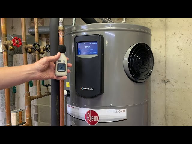 Close look at water leak detection u0026 noise levels of Rheem Prestige  Professional Hybrid Water Heater - YouTube