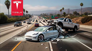 TESLA CRUSHED BY PICKUP TRUCK IN HIGHWAY CRASH