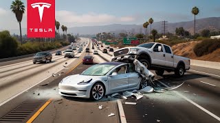 Tesla Crushed By Pickup Truck In Highway Crash