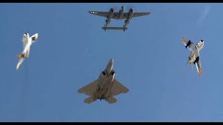 F-22 Raptor Demo Flight along with P-51, F-86, P-38, F-16
Air Combat Command Heritage Flight: F-22 Raptor Demo Team flies together with Americas past and present fighter planes: P-51 Mustang, P-38 Lightning, F-22 Raptor Demo Flight along with P-51, F-86, P-38, F-16
