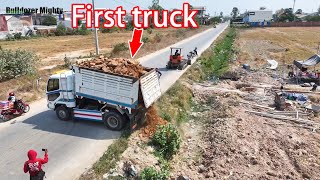 First truck, Processing Filling Up The Land Long, Bulldozer Working, Dump Truck Unloading