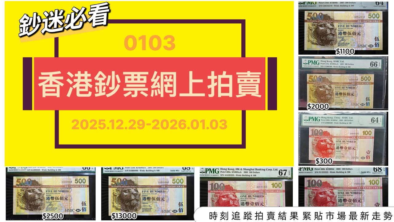 鈔迷必看｜0103｜香港鈔票拍賣成交記錄｜網上拍賣｜2025.12.29-2026.01.03