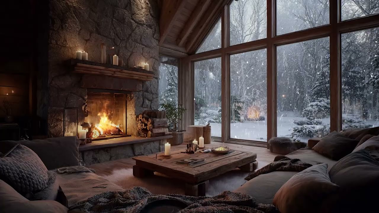 🤍❄️Soft Piano in White Space | Snowfall & Fireplace for Calm Focus and Deep Sleep