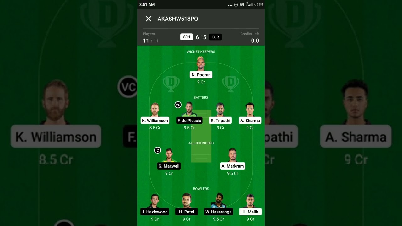 BLR vs SRH | BLR vs SRH Dream11 team | BLR vs SRH Dream 11 Prediction 
