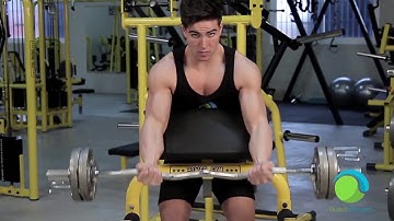 Biceps curl seated on Larry Scott bench with EZ bar