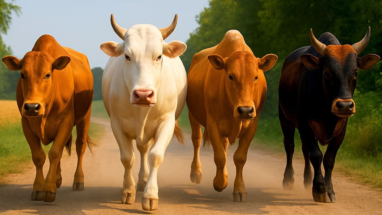 Puluhan Sapi Lembu Jinak Berjalan Rapi Berlari gerombolan Di Jalan Krikil Sawah Menuju Kandang Moo