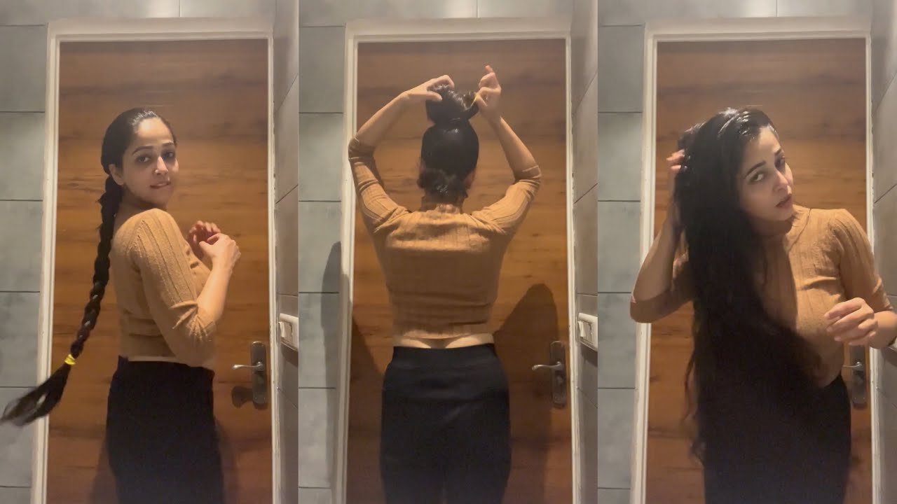 Surbhi Heavy Oiled Her Hair and Making Bun Braid and Hair comb Indian Very Long Hair Smooth L&B Hair