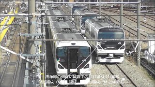 定期運用から離脱した特急E257系、廃車置き場や洗浄線側線などに留置中！キハ110系試運転 2019.,3.26 JR長野総合車両センター　　光panasd 1180