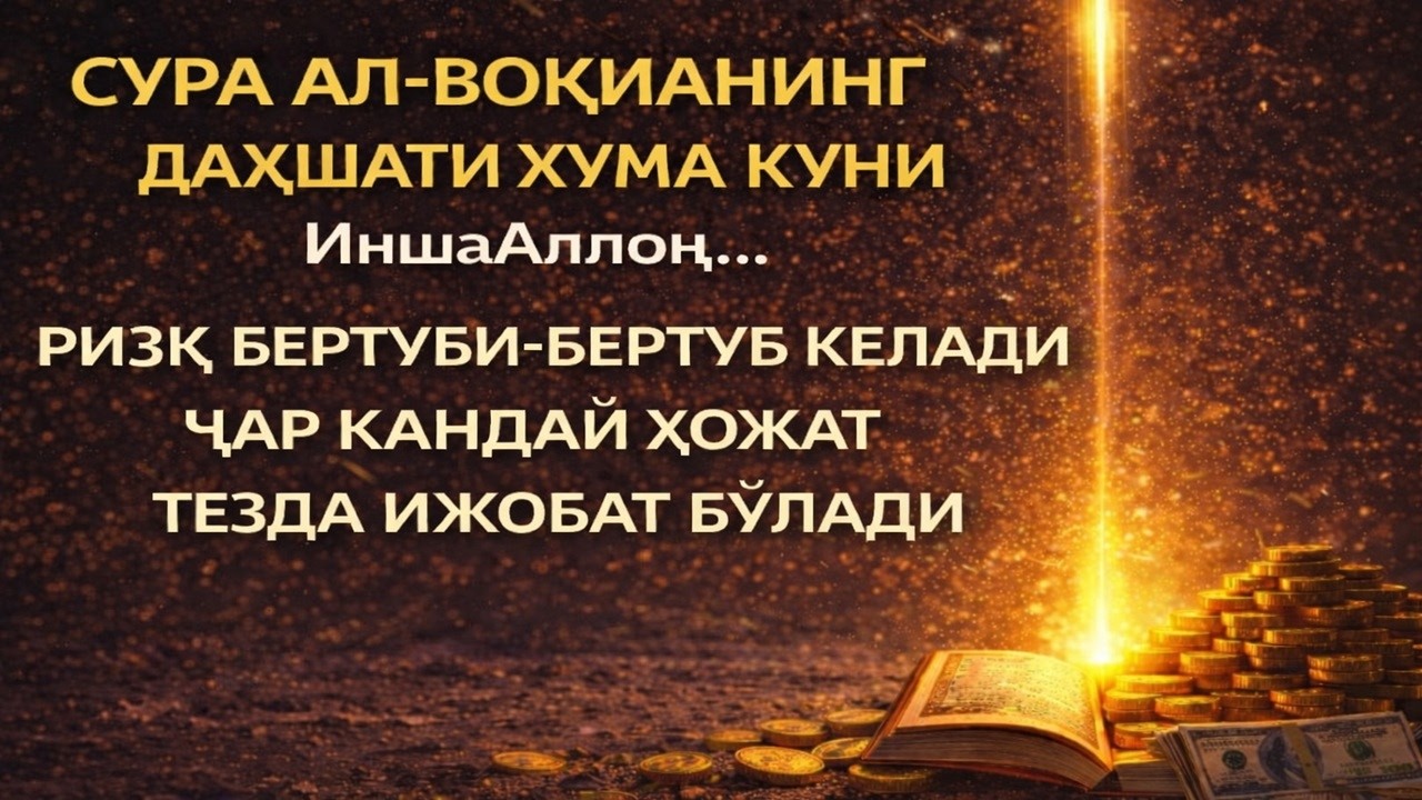 Ал-Воқиаҳ сурасини ўқиш билан, ризқ-насиба иншааллоҳ жуда ҳам баракали оқиб келади.