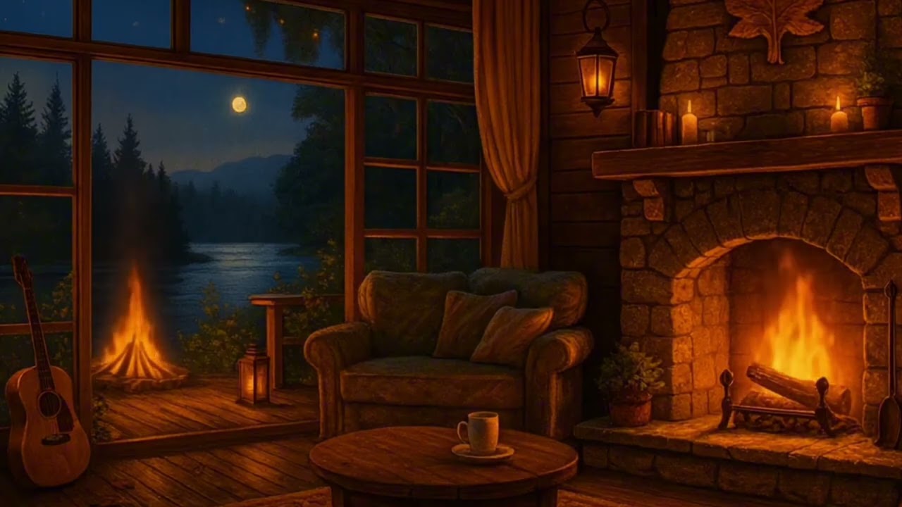 A Quiet Night by the Lake 🔥 Warm Fireplace & Gentle Moonlight