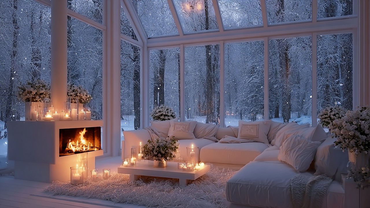 Cozy Winter Night Ambience ❄️ Fireplace Sounds and Snowy Forest View for Sleep, Study, Relax
