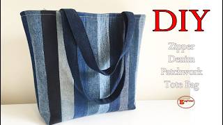 DIY Denim Patchwork Tote Bag with Zipper | Easy Sewing Tutorial