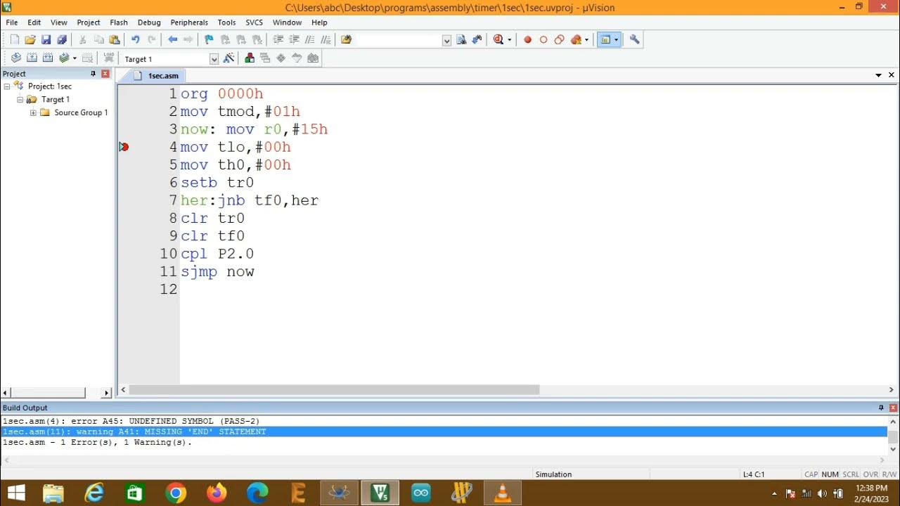 1 second time delay led blinking 8051 microcontroller assembly language