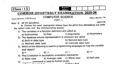 12th std Computer science Quarterly Exam September-2025 tomorrow Exam English medium Question paper