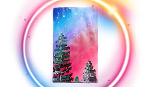 Acrylic Painting Landscape. Pink And Blue Sky With Trees. Step By Step
