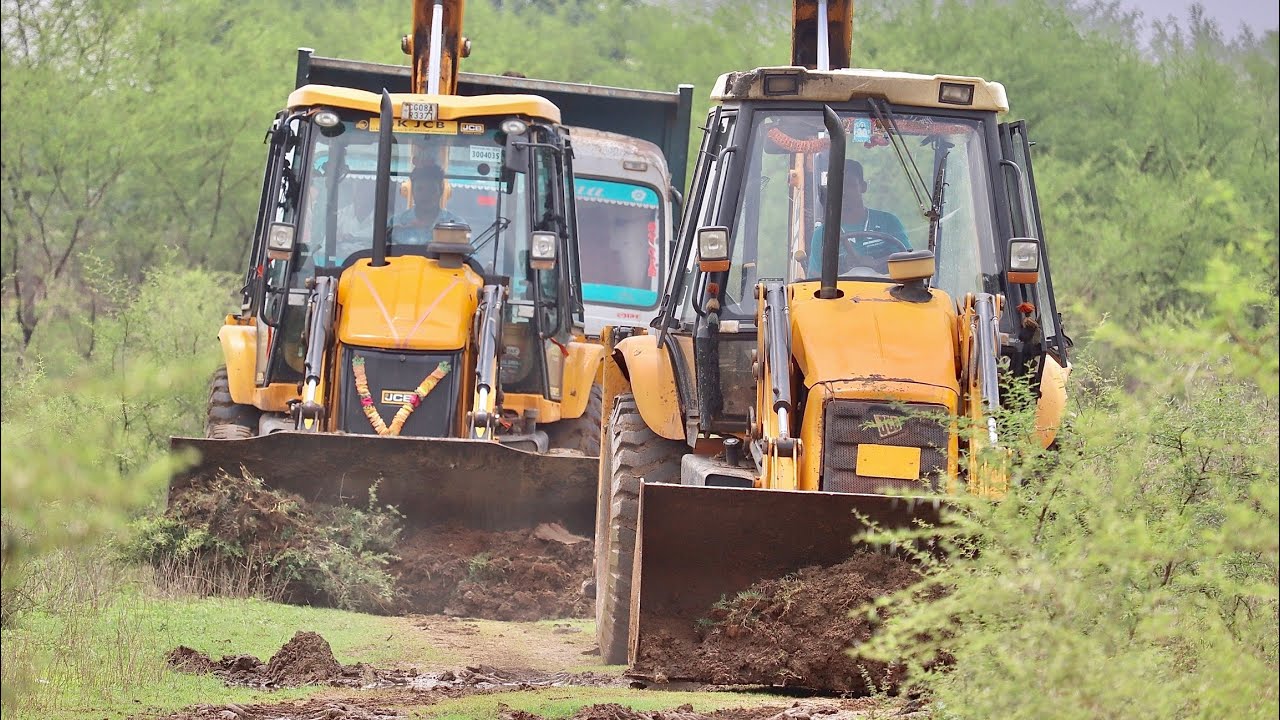 JCB Fully Loading Mud in Truck and Double Kirlosker JCB Backhoe Making Fishing Farming Pond