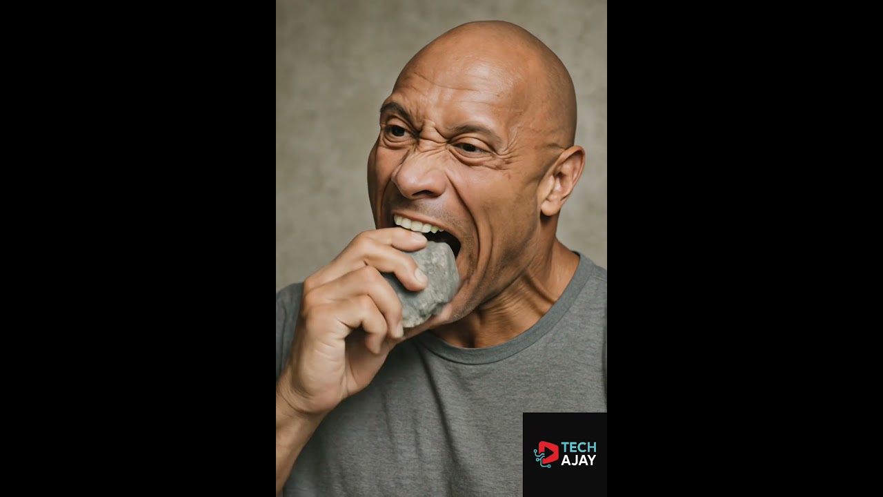a man is eating a big stone 