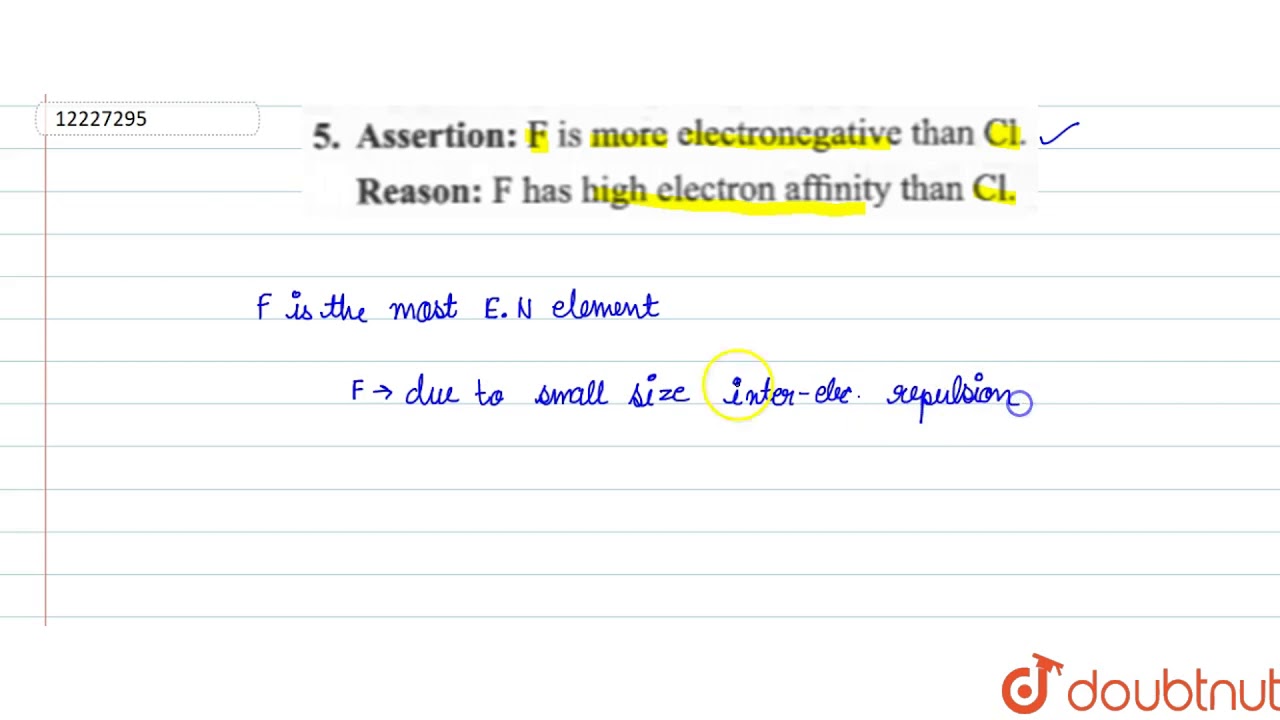 Assertion: `F` Is More Electronegative Than `Cl`. Reason: `F` Has High Electron Affinity Than `Cl`.