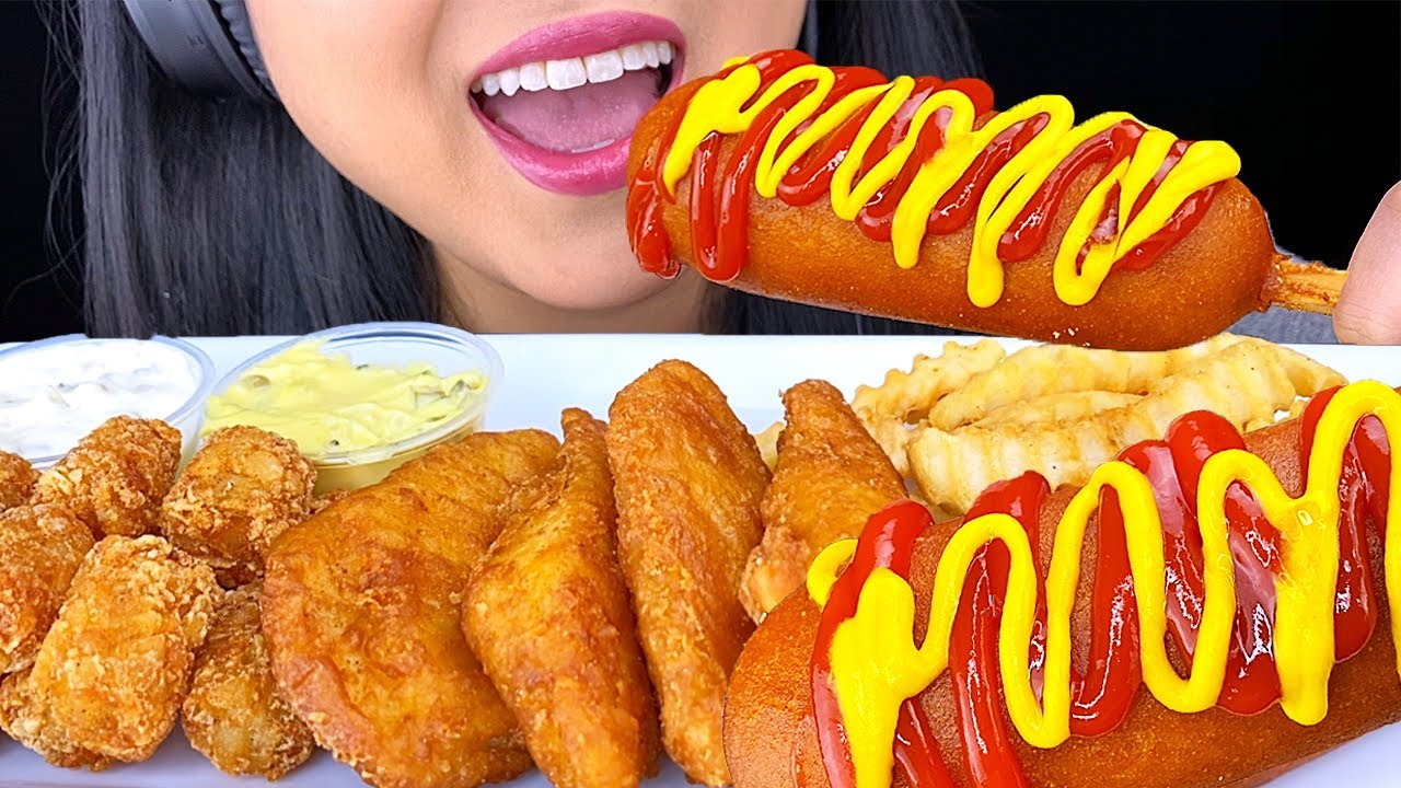 ASMR CORNDOG & Fish n Chips (Eating Mouth Sounds) ASMR Eating Show NO TALKING | ASMR Phan