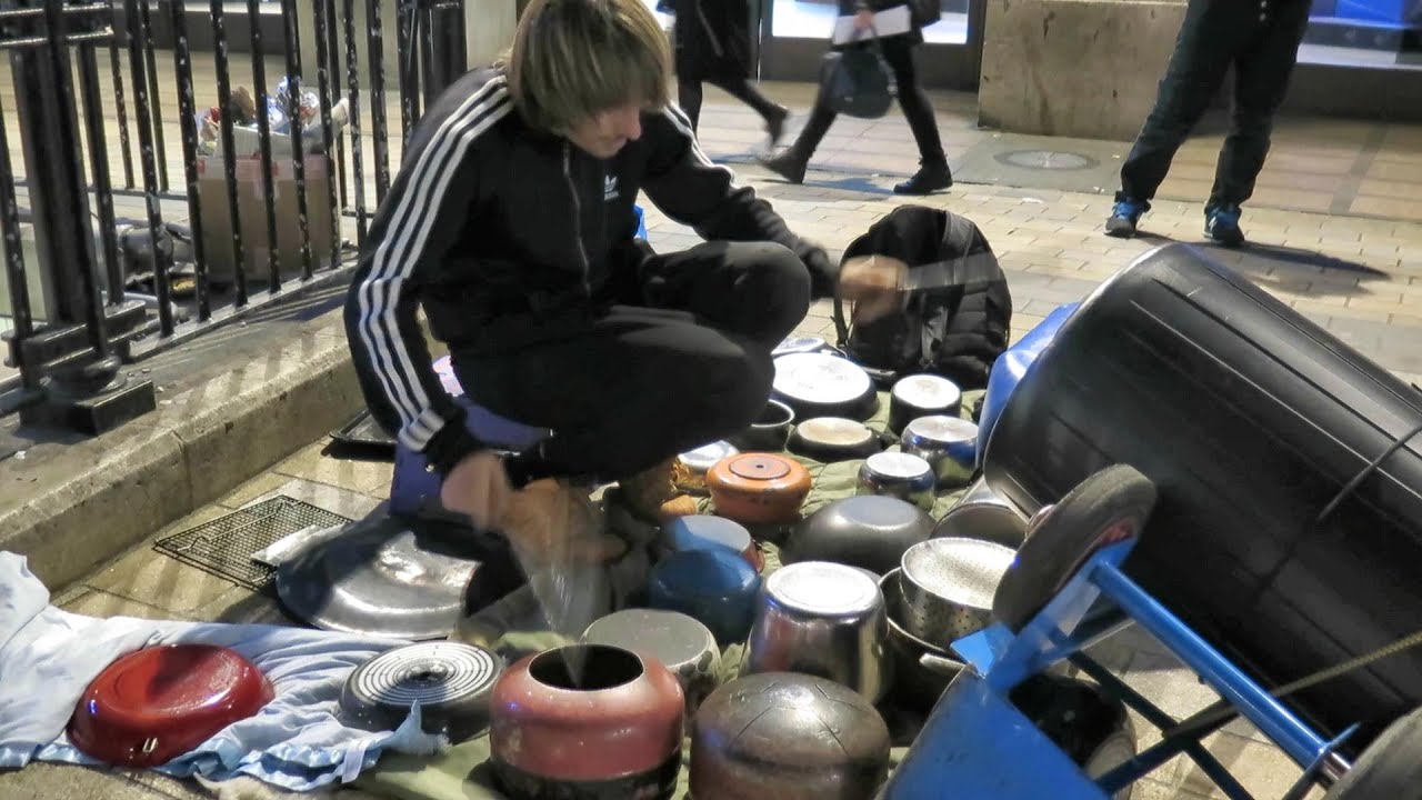 London Street Drummer Plays a Big Drums all Made of Pots and Pans. Seen in Oxford Circus YouTube