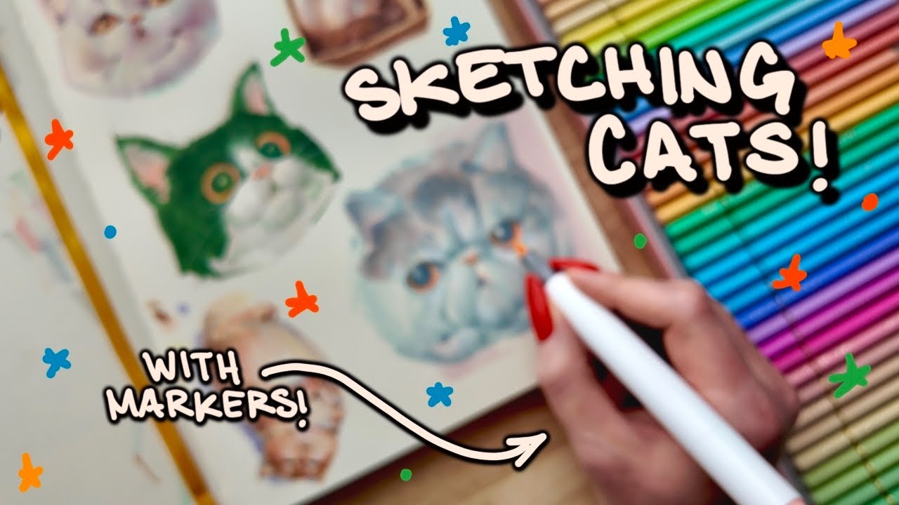 Sketching some cats! - with markers and colour pencil