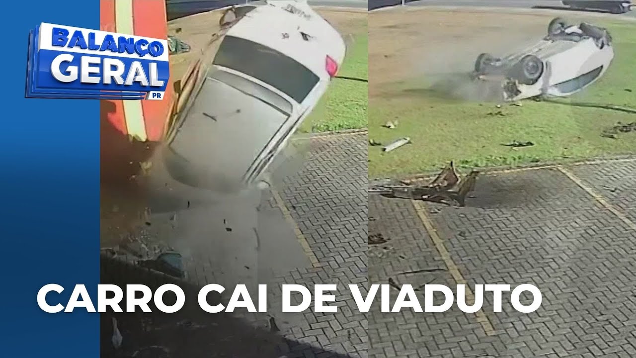 Carro despenca do Viaduto Estaiado após levar fechada; motorista saiu andando após acidente